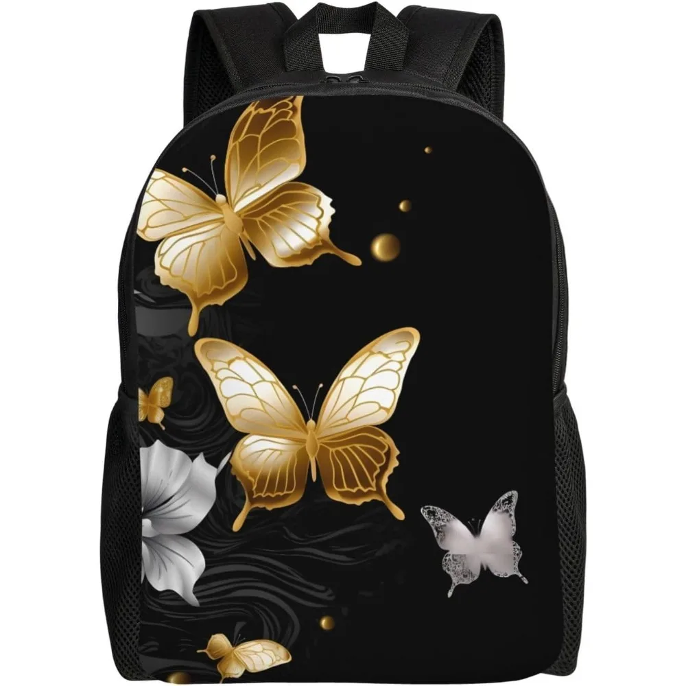 

Gold White Butterflies Black Laptop Backpack For Women Men College Backpack Work Business Computer Bag Lightweight Bookbag Teach