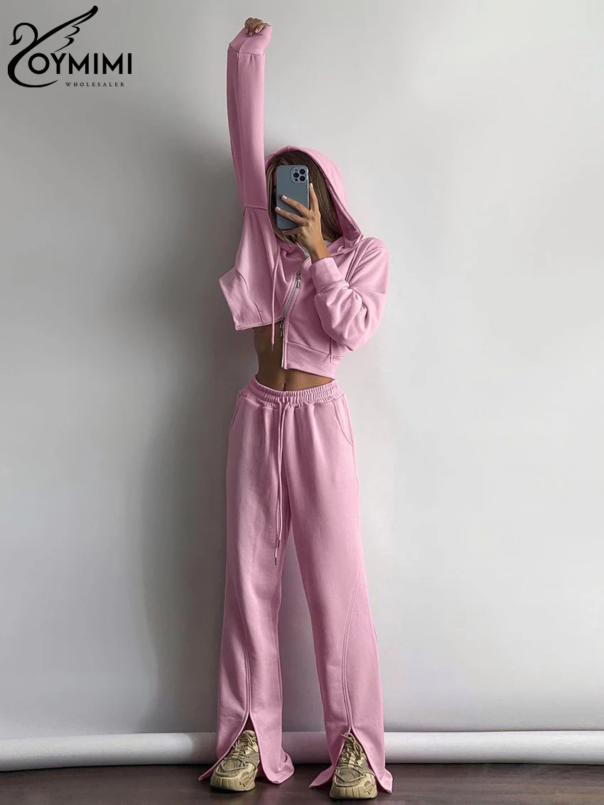 Oymimi Fashion Loose Pink Cotton 2 Piece Sets Women Outfit Elegant Long Sleeve Zip Top With High Waist Slit Pants Set Streetwear