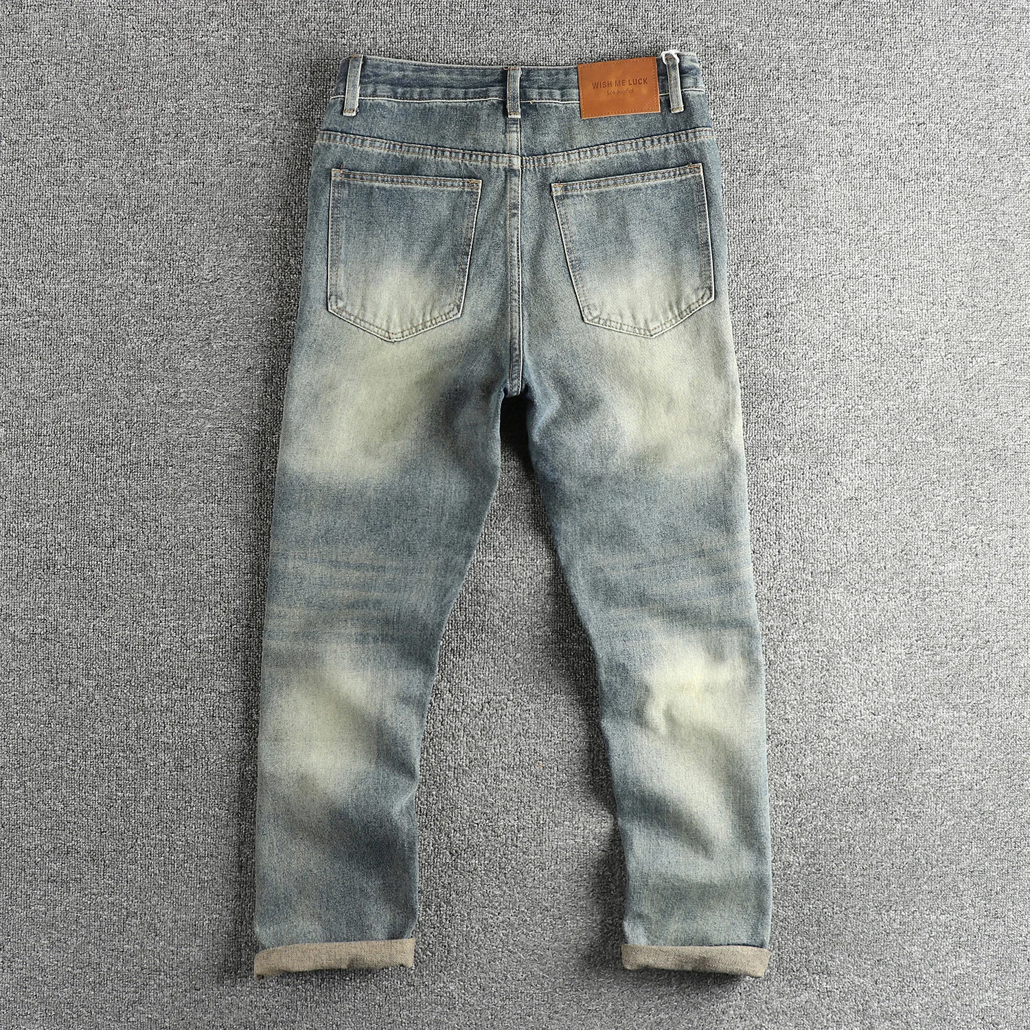 Vintage blue to do old wash slightly loose straight leg jeans men order fabric matching pants