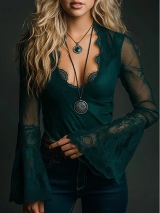 

Sheer Lace Blouse for Women's Sexy V-neck Flare Sleeve Mesh See Through Chic Elegant Party Club Casual Retro Solid Blouse Top