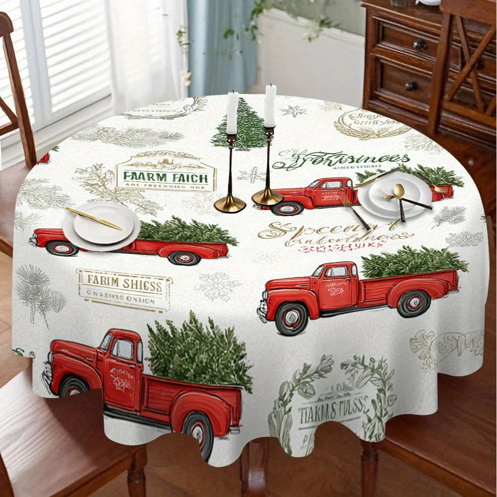 1 Christmas truck-themed round tablecloth - truck design in neutral tones