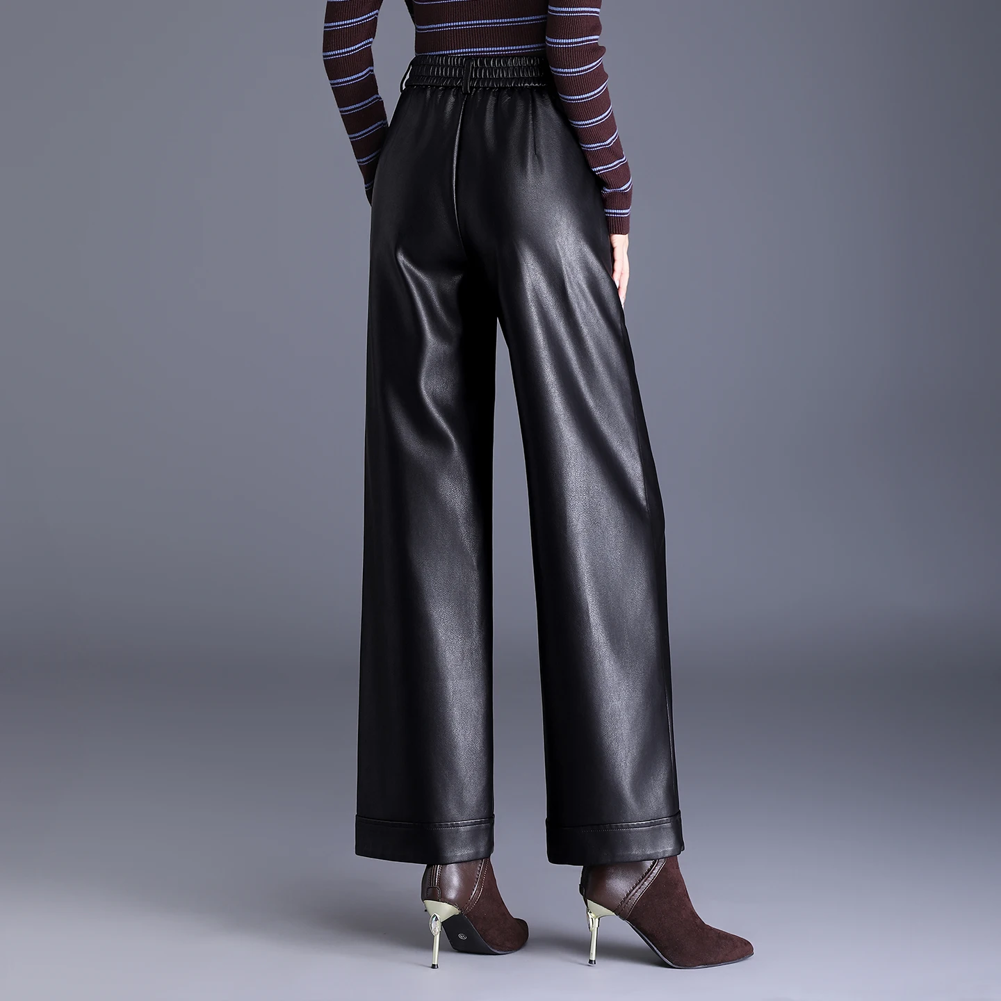 ZUZK Winter Pu Leather Pants New Elastic Waist Straight Pants PU Leather Trousers Large Size Fashion Warm Long Pants