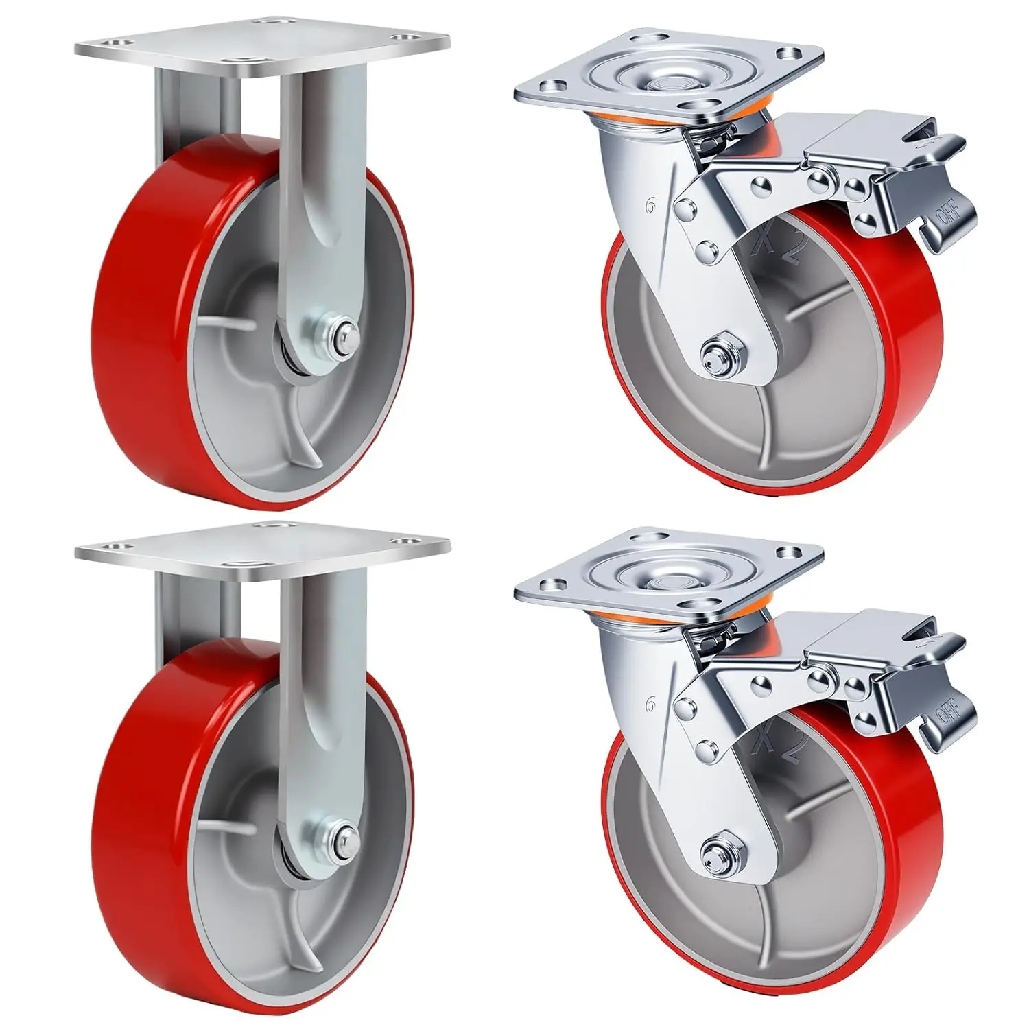 

6 Inch Heavy Duty Caster Wheels Set of 4 with Brake, Load 5000Lbs, Polyurethane Silent Steel Wheels for Industrial Equipment