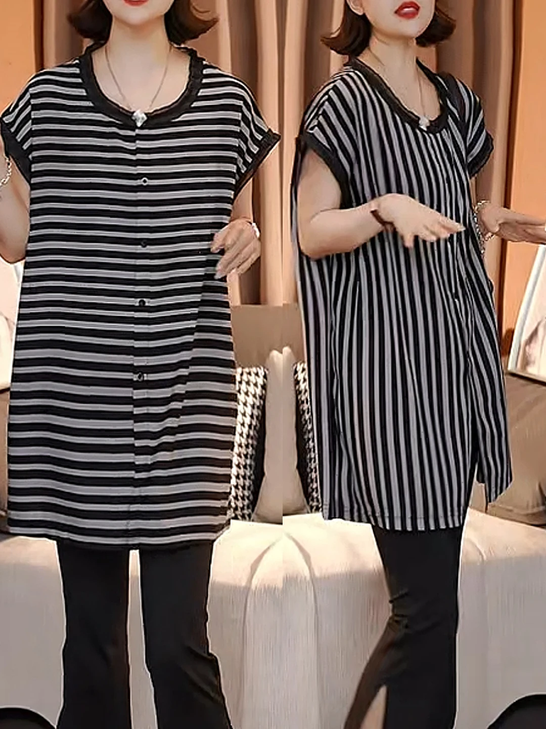 Nouveau haut d'été pour femme, coupe ample, en jersey léger et frais, avec dentelle et rayures, style Dr Speech Sle