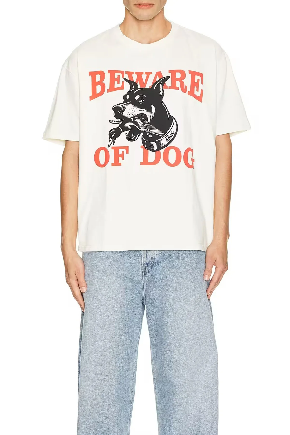 Rhude Beware of Dog T Shirt Black White Apricot Men Women High Quality High Street Loose Short Sleeve Tops Tee