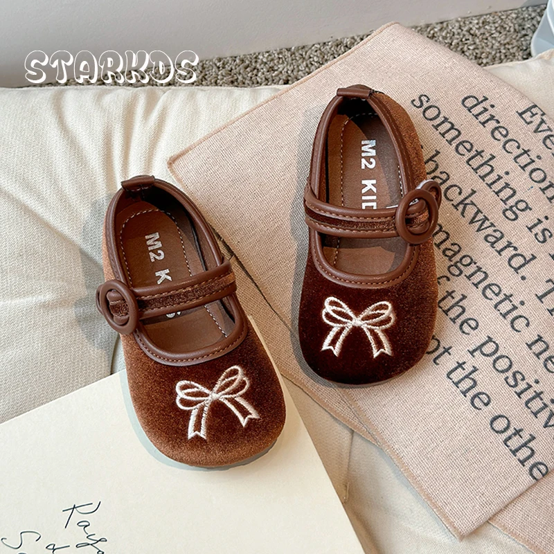 Chic Bowknot Embroidery Shoes Kids Girls Vintage Velour Ballet Flats Baby Child Soft Sole Brand Design Velvet Mary Jane Zapatos