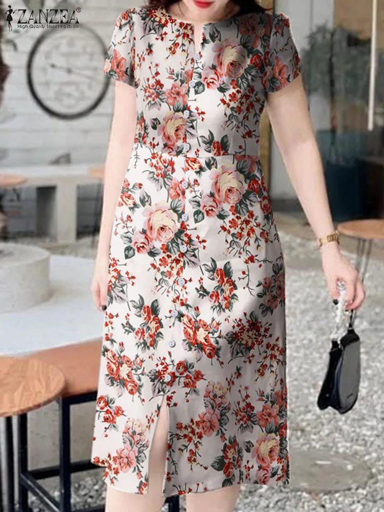 ZANZEA Women Summer Sundress Casual manica corta Midi Dress elegante fessura Fornt Chic Dresses 2024 Summer Floral Print Beach Robes