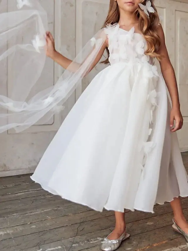 Personalizado branco flor menina vestido de casamento princesa um ombro tornozelo comprimento festa traje applique rendas vestidos de baile para crianças