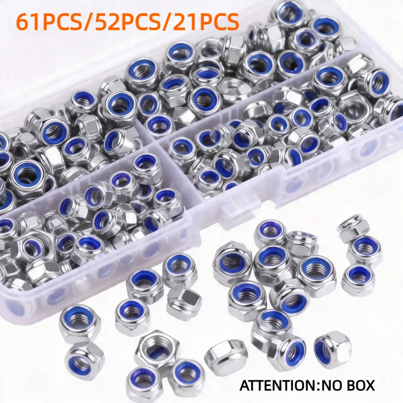 61/52/21pcs Nylon Insert Lock Nuts Assortment, 304 Stainless Steel Nylock Nut Set, M3 M4 M5 M6 M8 M10 M12 Hex Self-Locking Nut