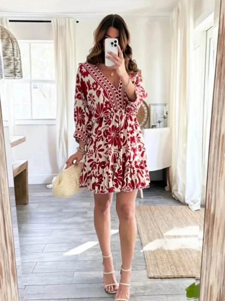 Red Floral Print Dress for Women Deep V-Neck Puff Sleeves Ruffles Perfect for Sunny Days Picnics Casual Chic Looks