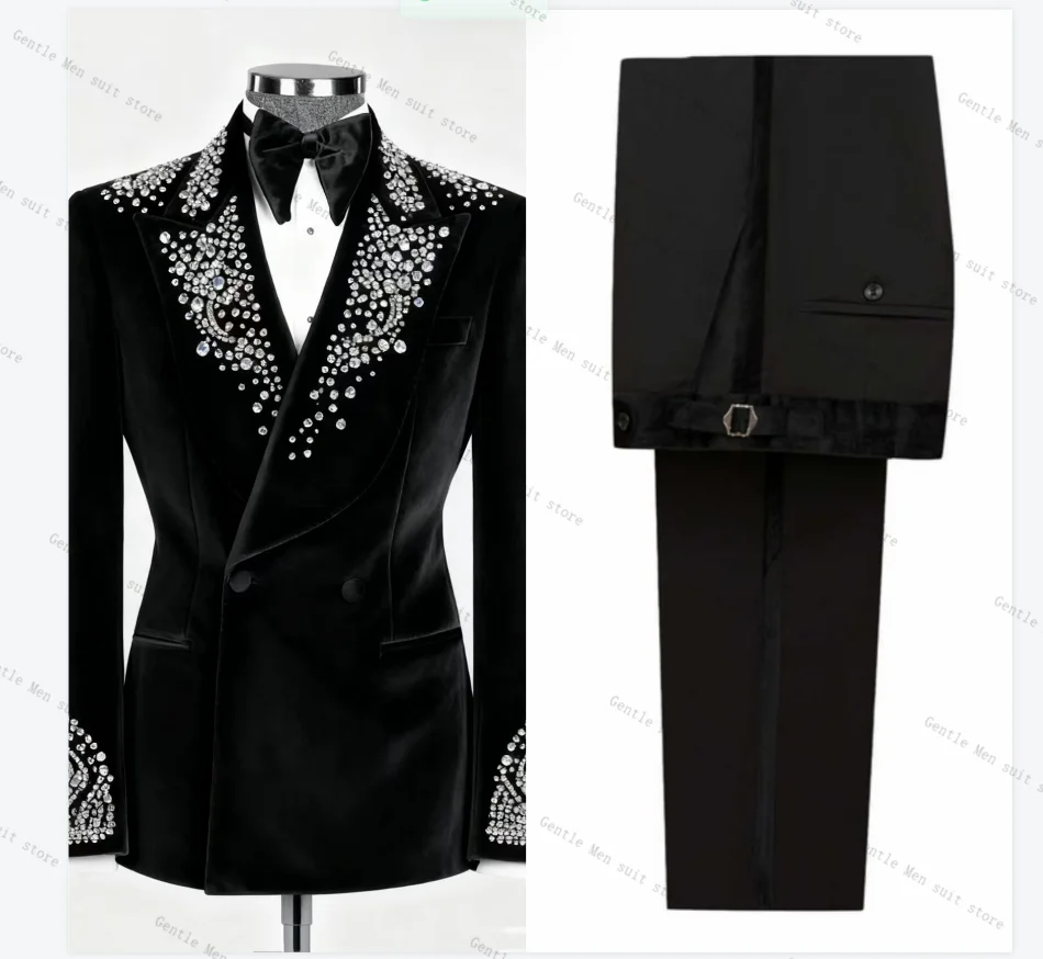 

Velvet Men Suit Pants Set 2 Piece Crystals Blazer+Cotton Trousers Wedding Groom Prom Coat Customized Formal Office Jacket Outfit