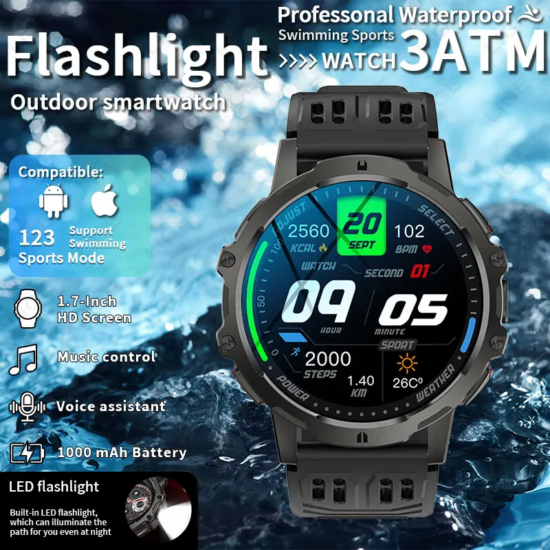 

LIGE Outdoor Smart Watch Men 1000mAh Battery LED Flashlight 3ATM Waterproof Sports Fitness Tracker Bluetooth Call Smartwatch New