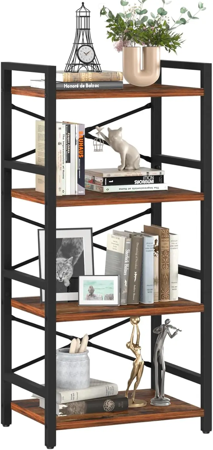 

4-Tier Industrial Bookcase, Narrow Bookshelf for Bedroom Office Living Room Storage Organizer Berry Brown