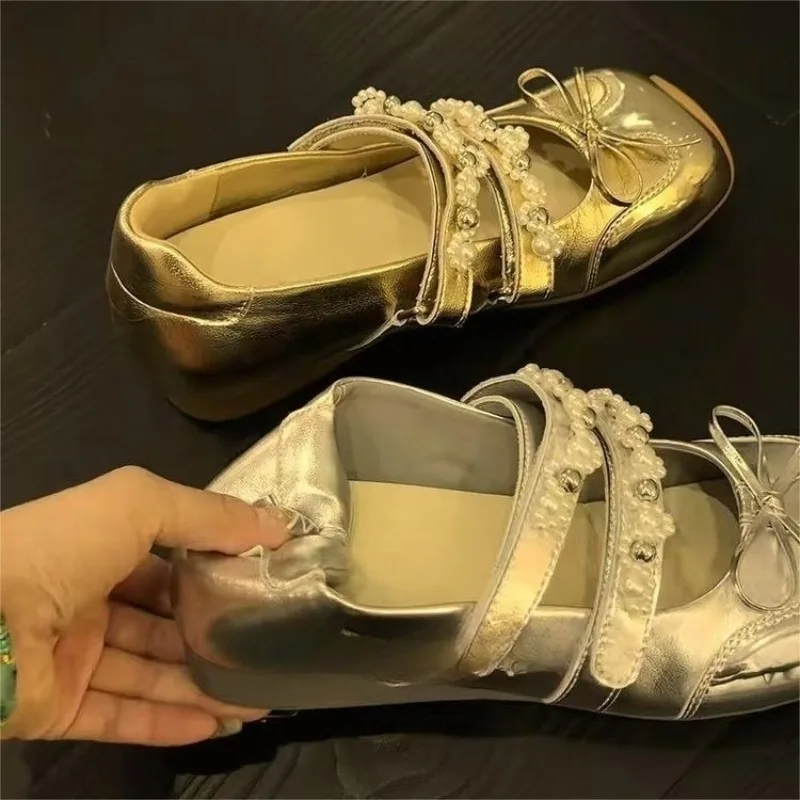 

Women's Bow Decoration Wedge Shoes Square Toe Designer Comfortable Elegant New Summer Pearl Chain Women Shoes Zapatos De Mujer