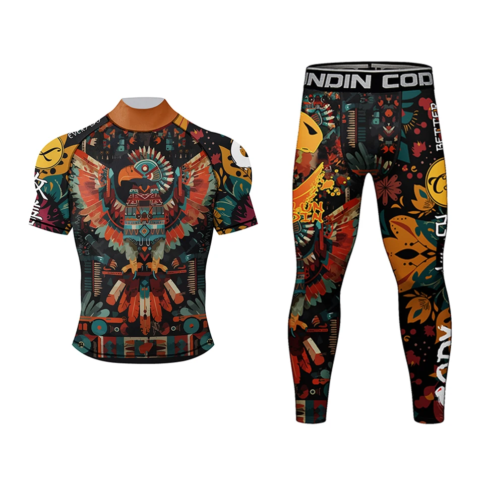 New Bjj Jiu Jitsu Rashguard MMA T-shirt+Pant Suit For Men Rubber Waist Kickboxing Grappling Boxing Jerseys Rash Guard Sportsuits