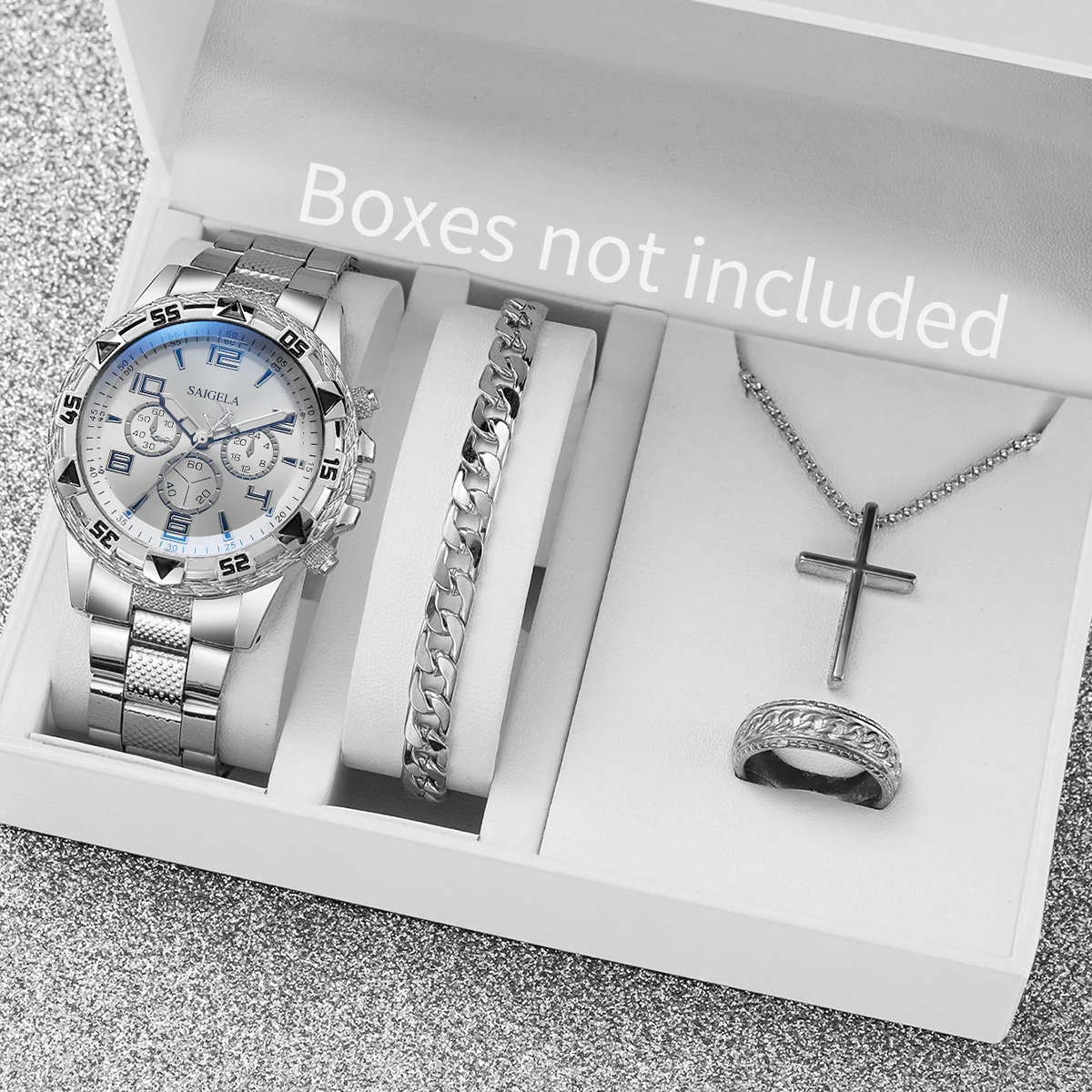 4pcs/set Men\'s Business Watches Fashion Silver Steel Band Male\'s Quartz Watch Jewelry Set (Without Box)