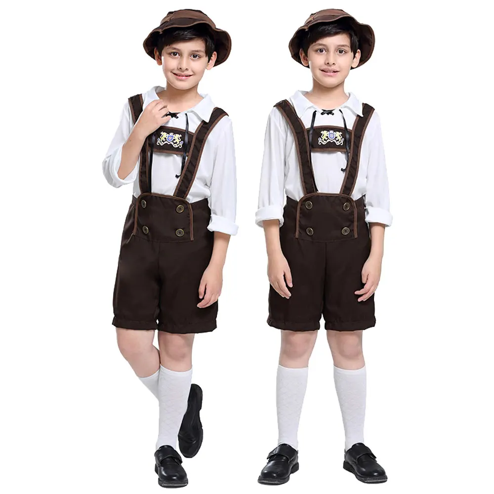 

Halloween German Beer Boys Outfit Classic Bavarian Lederhosen Oktoberfest Kids Cosplay Costume Hat Top Suspender Shorts Set