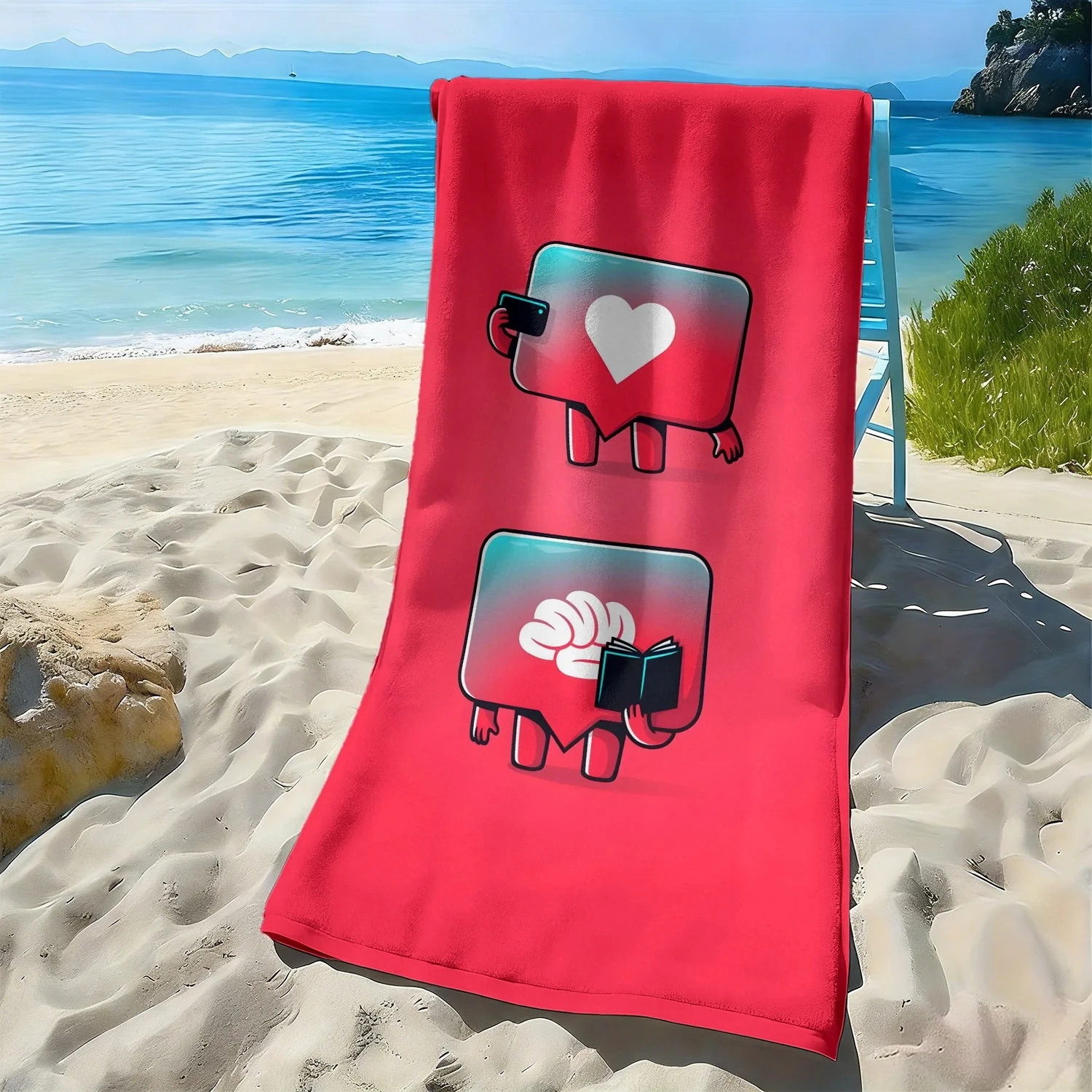 Cartoon heart and brain pattern polyester microfiber beach towel is highly absorbent, suitable for swimming and beach outings