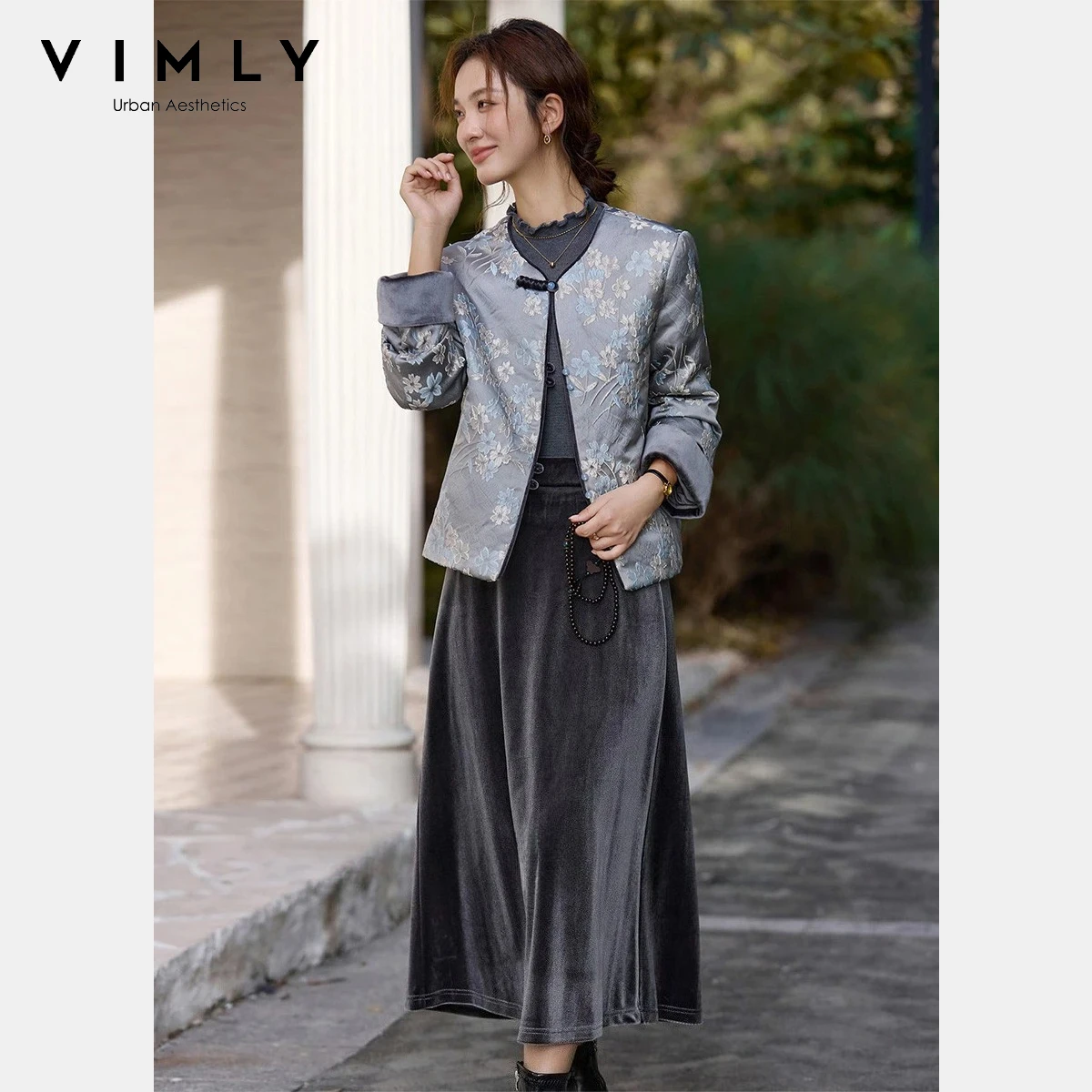 

VIMLY New Women's Suit Set Winter 2025 Chinese Style Jacquard Parka Jacket Velvet Long Skirt Elegant Two-piece Women's Set A3380