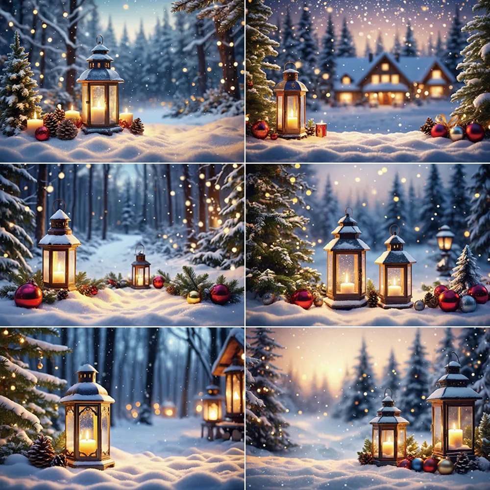 

MOON.QG Christmas Winter Photography Background Snow Pine Tree Lights Lamp Photozone Backdrop Children Photo Studio Accessories