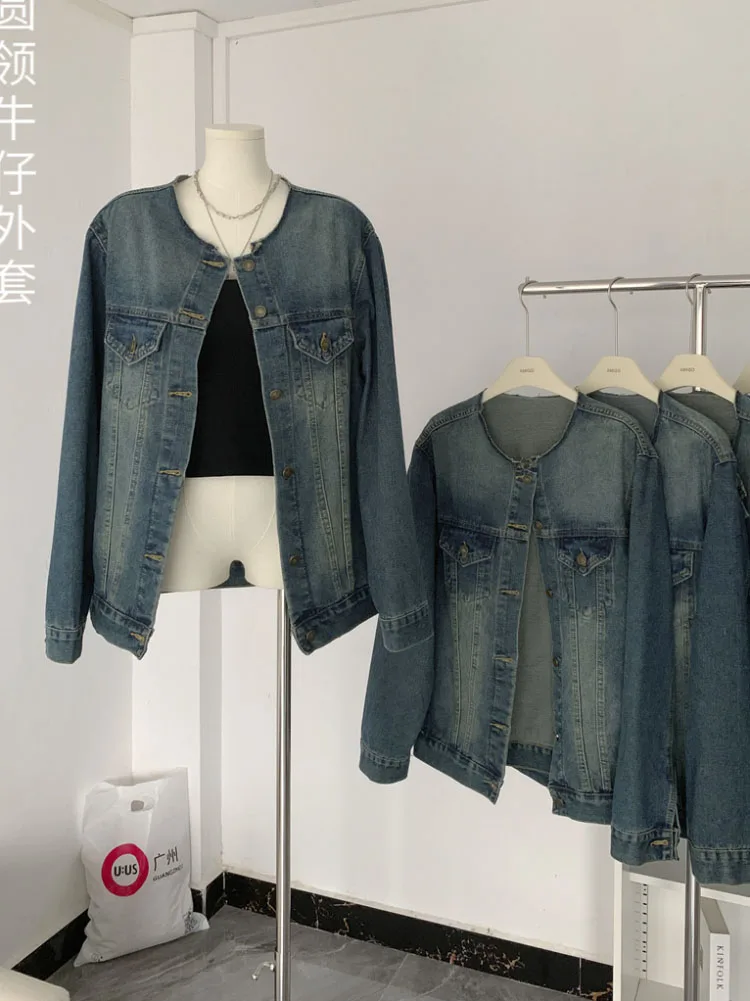 V-neck Denim Jacket Women's Vintage Autumn Chic Street Fashion Blue Long-sleeved Jacket For Women