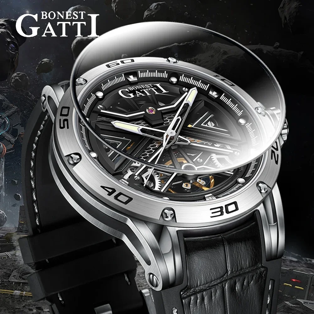 BONEST GATTI Men Automatic Luxury Tourbillon Watch Vintage Mechanical 5ATM Skeleton Sapphire Luminous Leather Strap German Craft