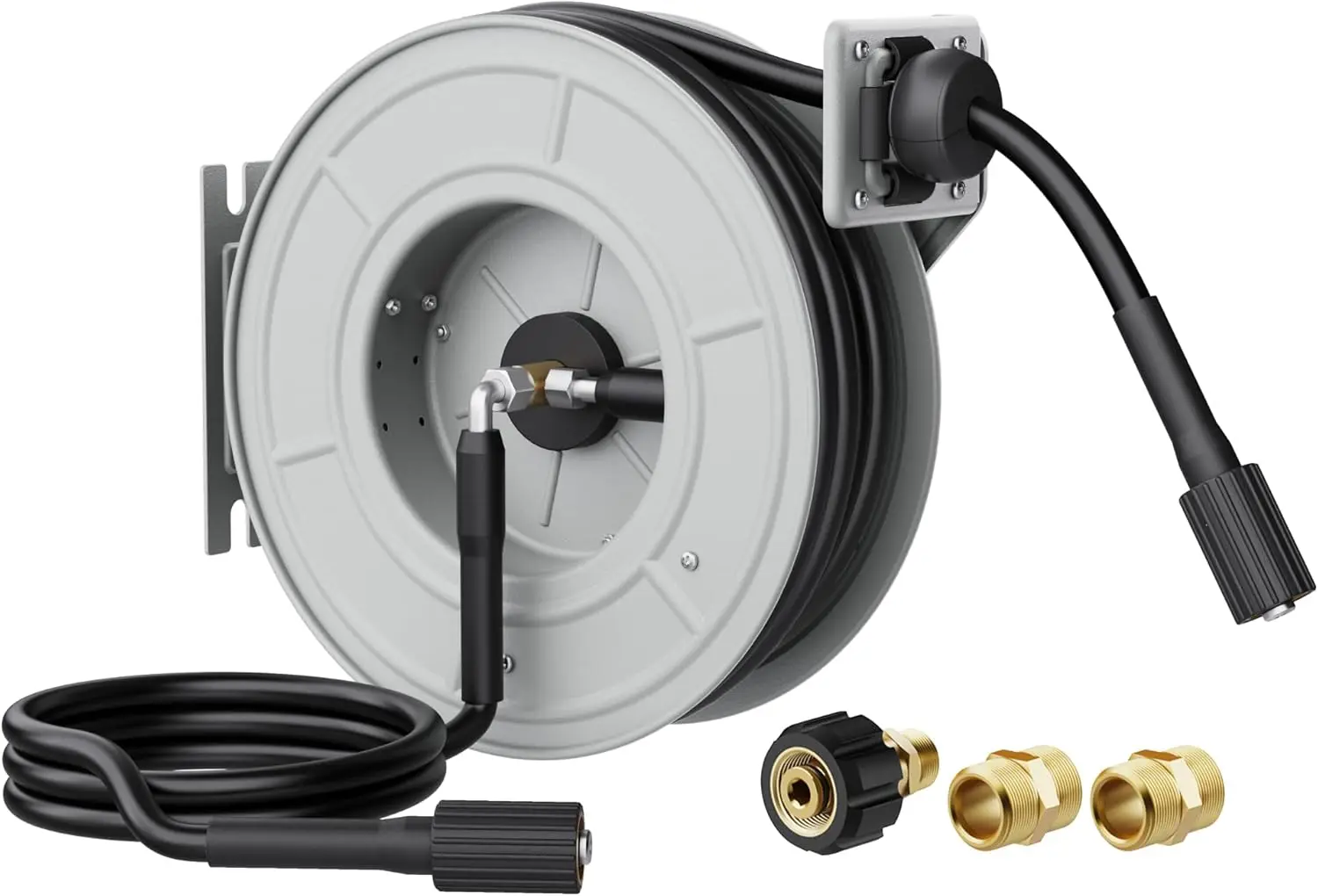 

Шланг для мойки высокого давления 65 футов, сверхпрочный, 3200 PSI, настенный/напольный, автоматически втягивающийся, серебристый