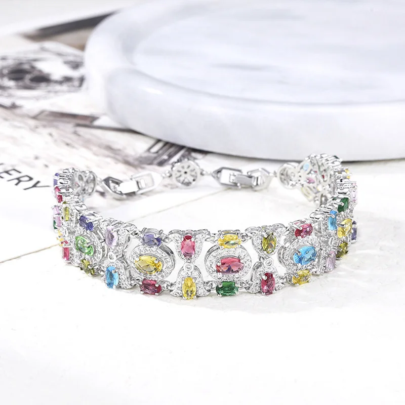 Silver Color Rainbow Colorful Cubic Zirconia Bracelet for Women Girl Luxury Multicolor Wedding Bangle Vintage Party Jewelry Gift