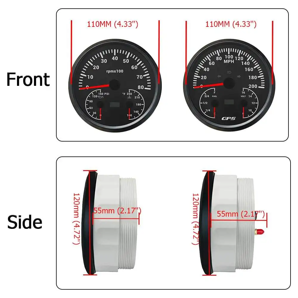 Hot Sell 110mm White Stainless Steel for Auto Meter Gauge Set 0-200MPH GPS Speedometer 8000RPM Tachometer and Fuel Level Meter