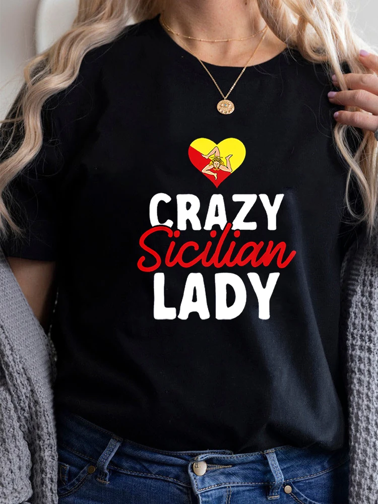 Sicilian Flag Crazy Sicilian Lady Sicilia Italy Sicily t-shirt t-shirts Tshirts For WomenRound neck printing womens t shirts