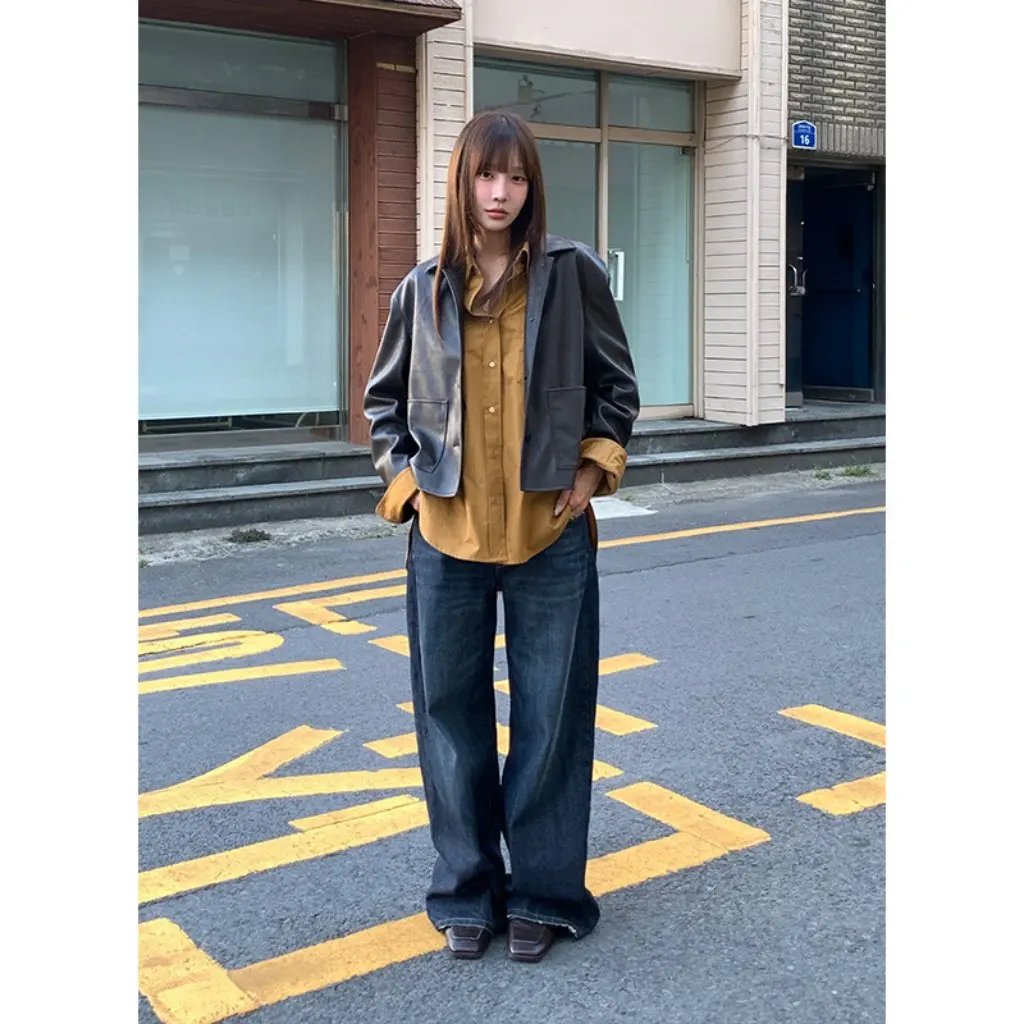 Klasyczna kurtka skórzana damska z luźnym kołnierzem, uniwersalna odzież wierzchnia w stylu koreańskim, nowość na jesień, odpowiednia na różne okazje.