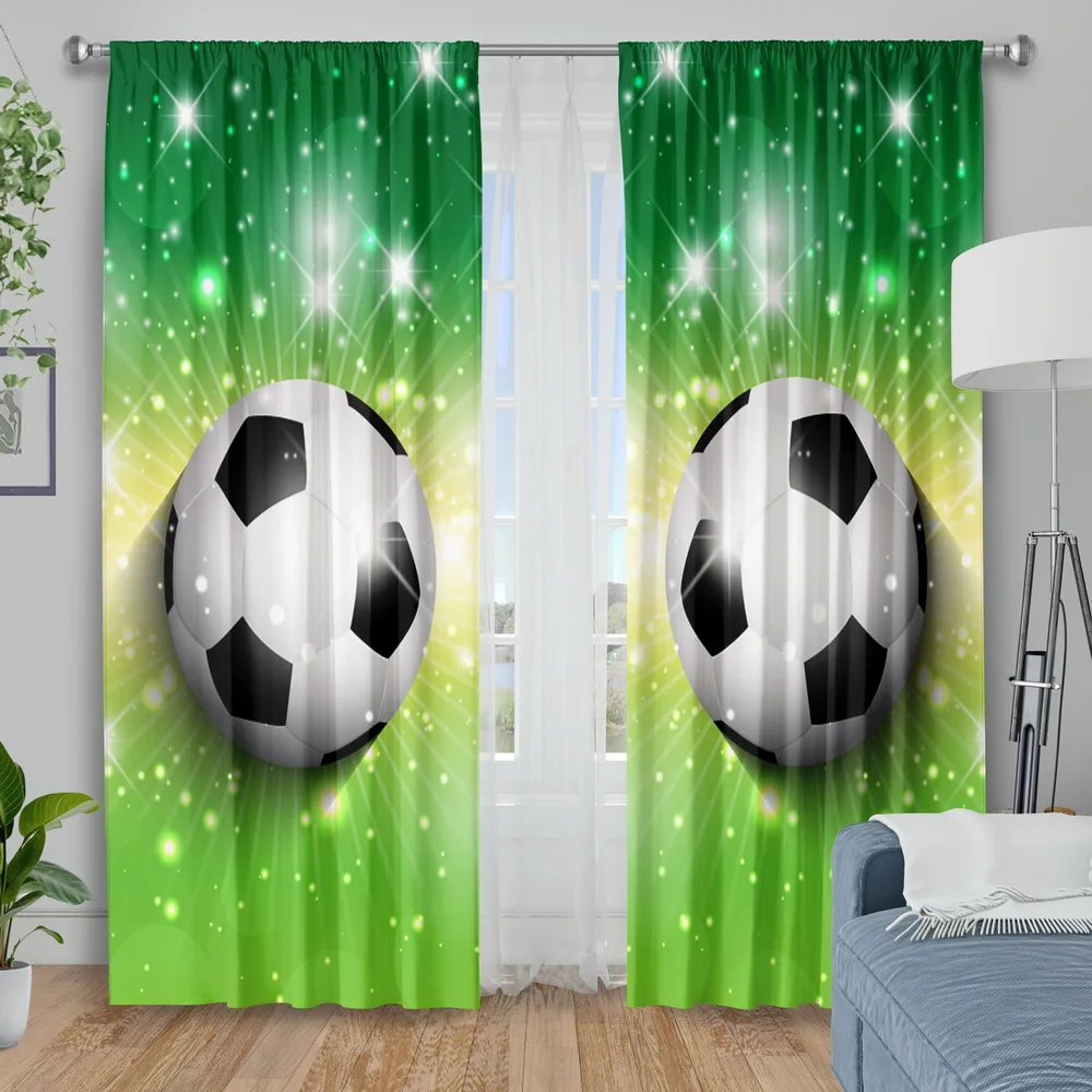 3D Soccer Ball Curtains, Green Stadium Light Print Blackout Drapes for Boys Room, Sporty Football Home Decor