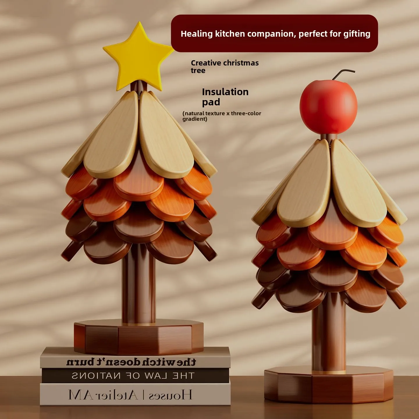 Wooden Tree Trivet Stand, Foldable Heatproof Coaster Set for Dishes/Cups, Natural Wood Table Decor with Storage Base