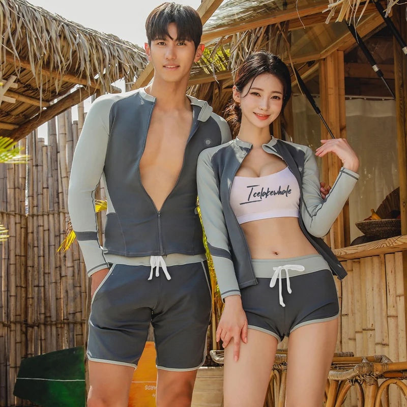 Rash Guards Men Women 5 Pieces Long Sleeve Shirt Front Zipper Shorts Pants Grey Lovers Swimwear Surfing Bathing Suit Beach Wear