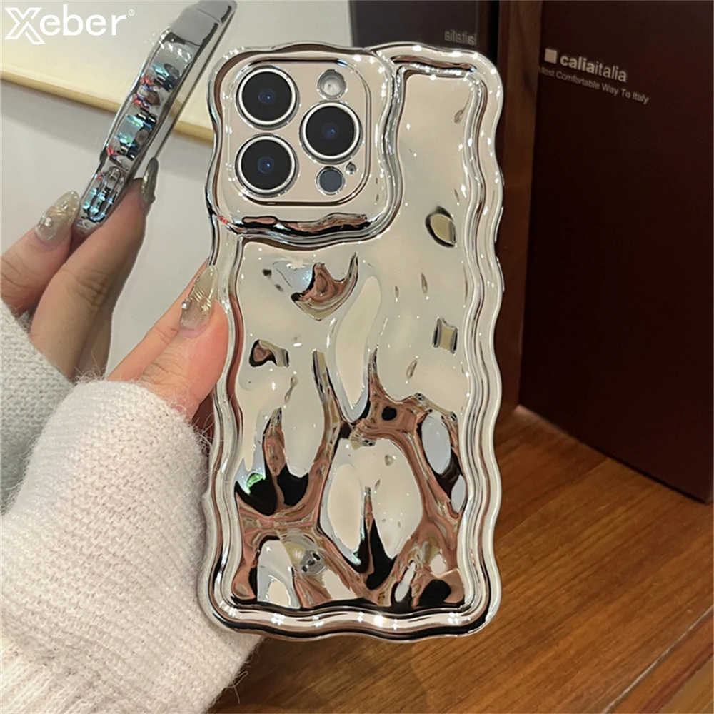 Luxury Plating 3D Wavy Curly Texture Phone Case for iPhone 15 14 13 16 Pro Max Soft Silicone Anti Fall Full Lens Protector Cover