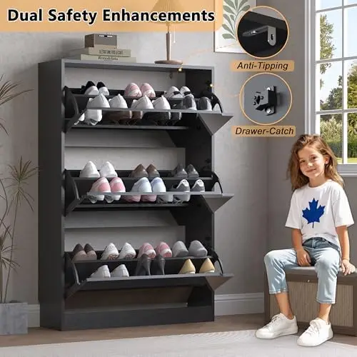 Shoe Cabinet with 3-Flip Mirror Drawers, Freestanding Shoe Rack Organizer with Hidden Handle, Slim Narrow Shoe Storage image 6
