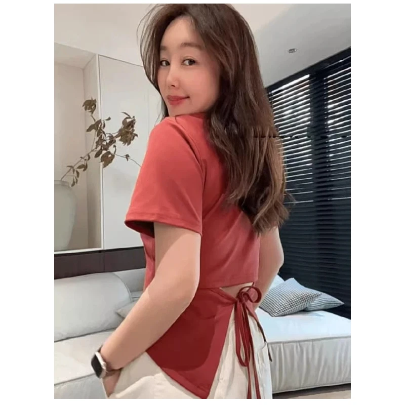 High Street Hollow Out Backless Irregular Tops Women Clothing New Short Sleeve Solid Lacing Sexy T Shirts Fashion Casual Summer