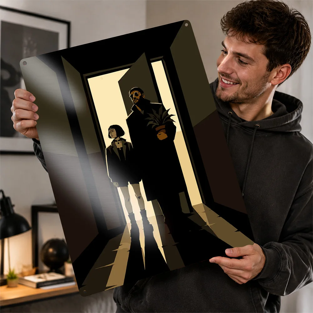 Léon and Mathilda in Doorway 3D Printed Texture Poster Personalized Wall Art Retro Metal Tin Signs for Bedroom Stuff Room Decor