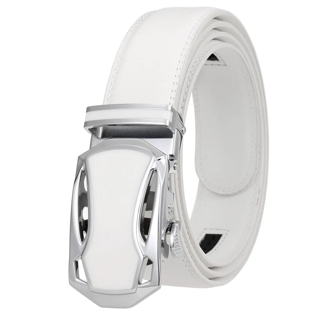 

Luxury Brand Men Leather Belt Genuine Leather Automatic Buckle 3.5cm Width Men Ratchet Waist Straps for Jeans White Color