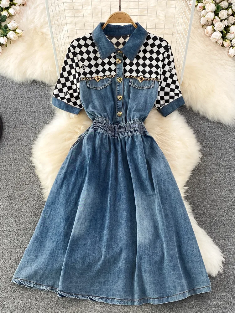 Summer Fashion Women Denim Dress Waist Slim Patchwork Short Sleeve Dress New Temperament Polo Neck A-LINE Contrast Color Dress