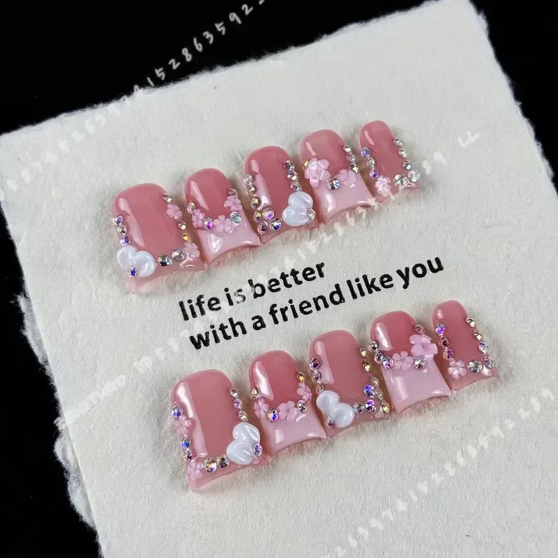 10pcs High End Pink Girl Style Hand Painted 3D Engraved Glittering Small Diamonds Handmade Fake Nails
