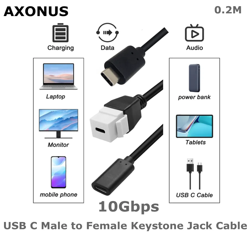 10 Gbps-20CM/7.8INCH USB 3.1 Type C Male to Female Keystone Insert M/F F/F Pigtail Extention For Wall Plate Connectors Cable