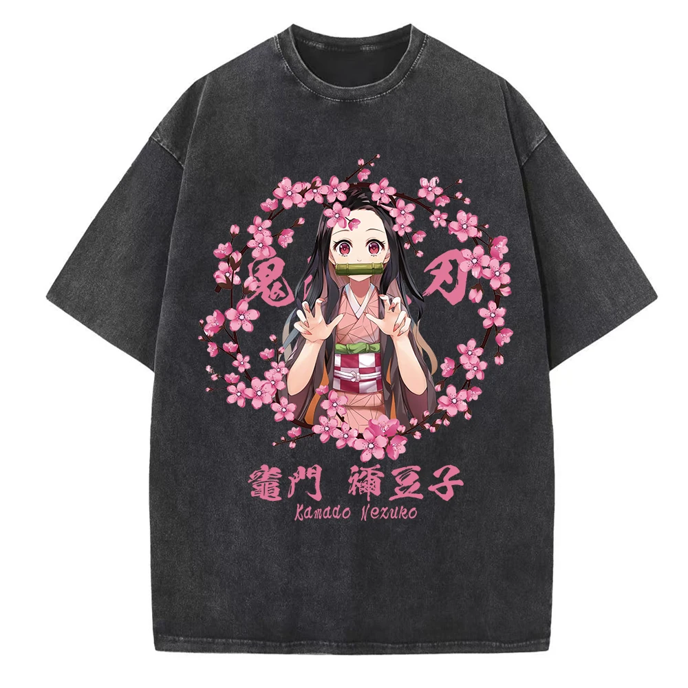 

2026 Harajuku Anime Demon Slayer Kamado Nezuko Wash T Shirt Man Women Short Sleeve Casual Tops Graphic Tee Summer Y2k Streetwear
