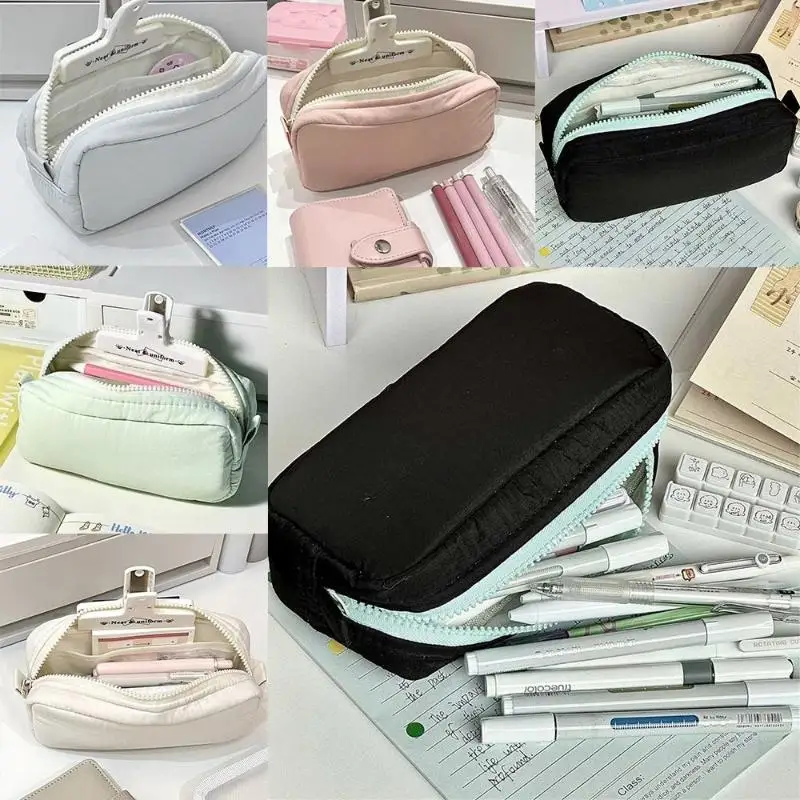 Simplicity Solid Color Pen Bag Zipper Large Capacity Pencil Case Portable Stationery Organizer Office Back To School-New