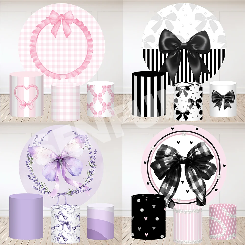 Black Pink Bow Theme Round Backdrop Cover Girls Birthday Banner Party Supplies Flowers Heart Baby Shower Circle Background