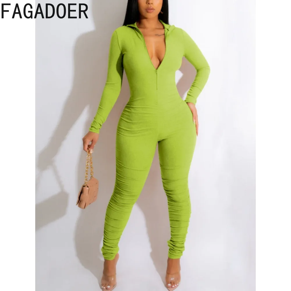 

FAGADOER Casual Autumn Solid Color Zipper Bodycon Jumpsuits Women V Neck Long Sleeve Legging Pants One Piece Playsuits Clothing