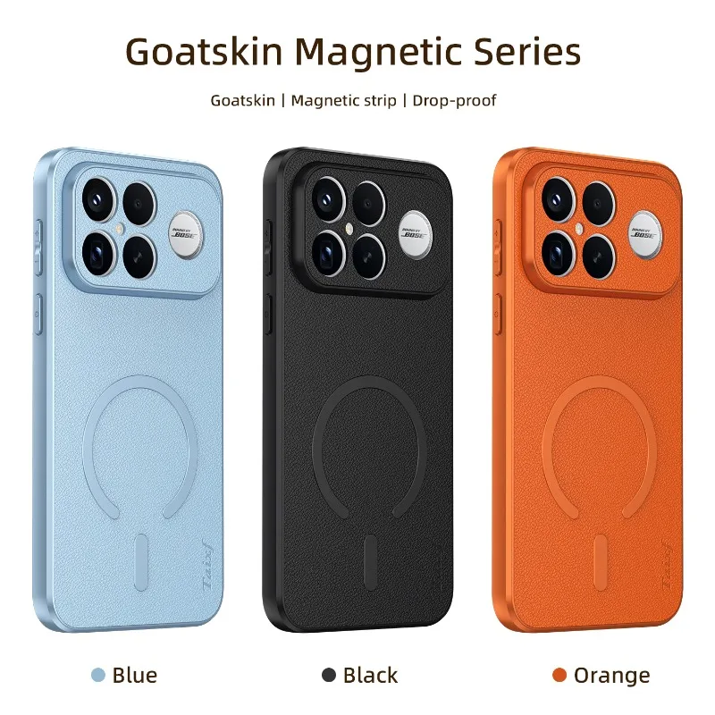 Capa à prova de choque com moldura de TPU e couro de cabra para POCO F8 Ultra e Redmi K90 Pro Max com tira magnética embutida e proteção de lente.