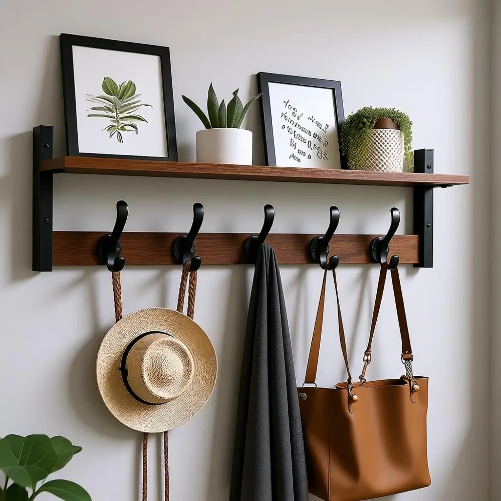 

Настенная вешалка для одежды в деревенском стиле с полкой, 29 дюймов, идеально подходит для прихожей, гостиной или спальни, в деревенском черном цвете