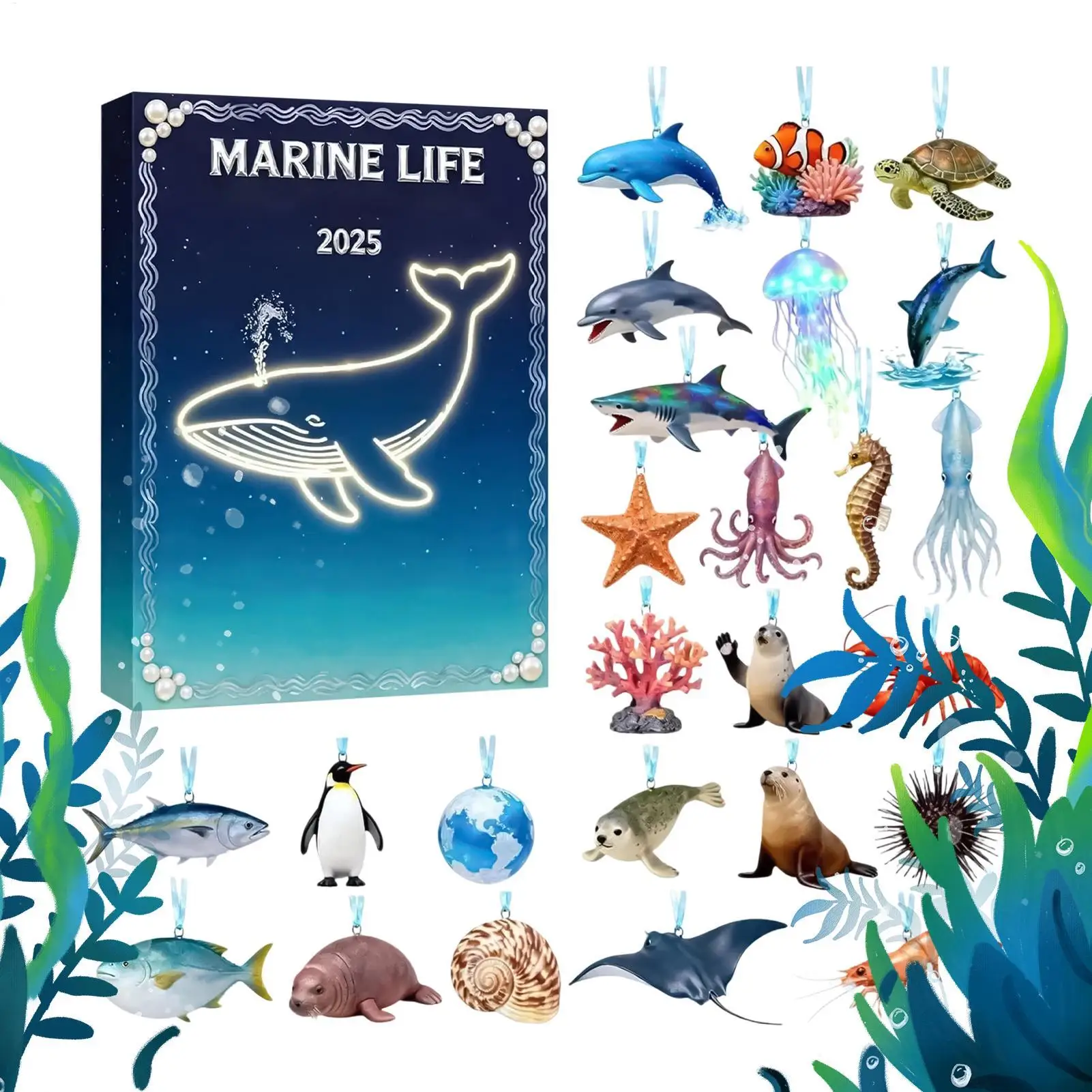 

Рождественская адвент-игрушка 2025 2D акриловый морской тематический орнамент 24 дня морской тематики рождественская елка кулон календарь обратного отсчета для детей подарки