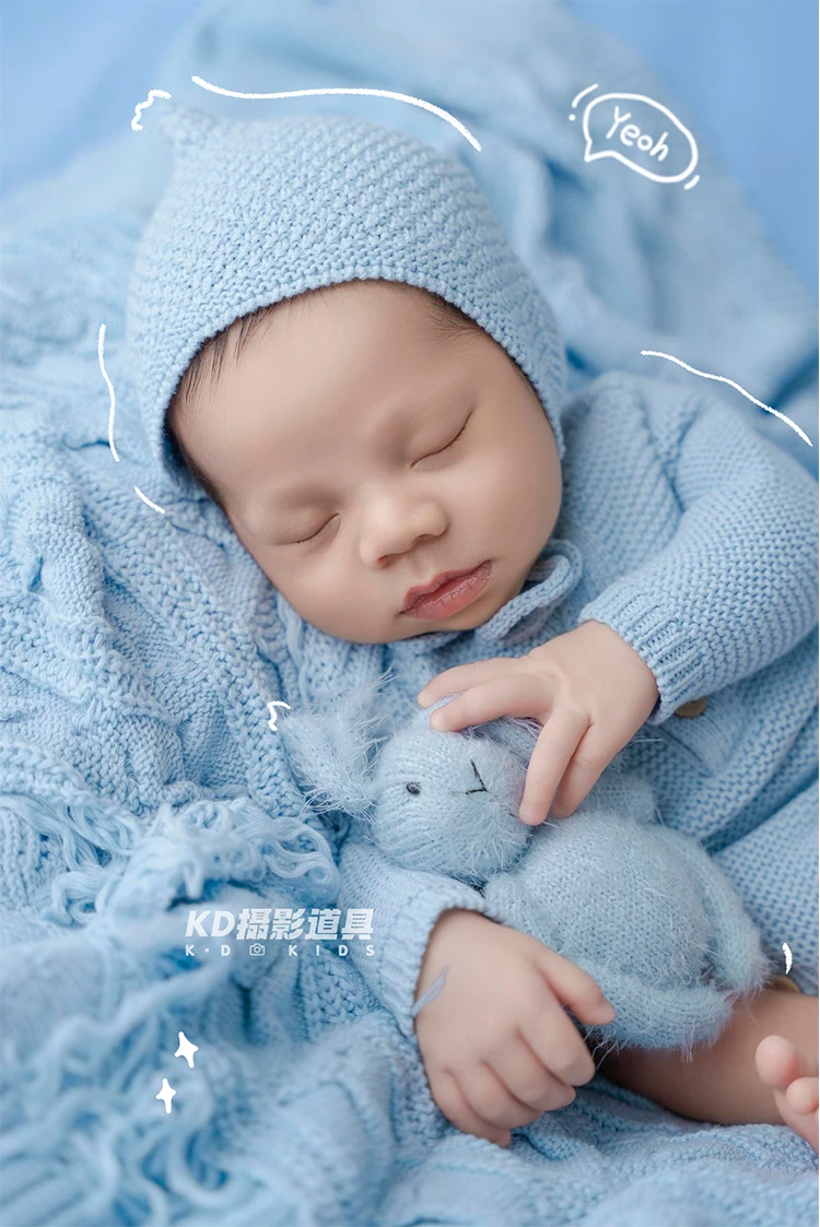 Newborn Photography Props Blue Knit Romper with Matching Hat Bunny Plush Toy Studio Photoshoot Costumes for Baby Girl Boy